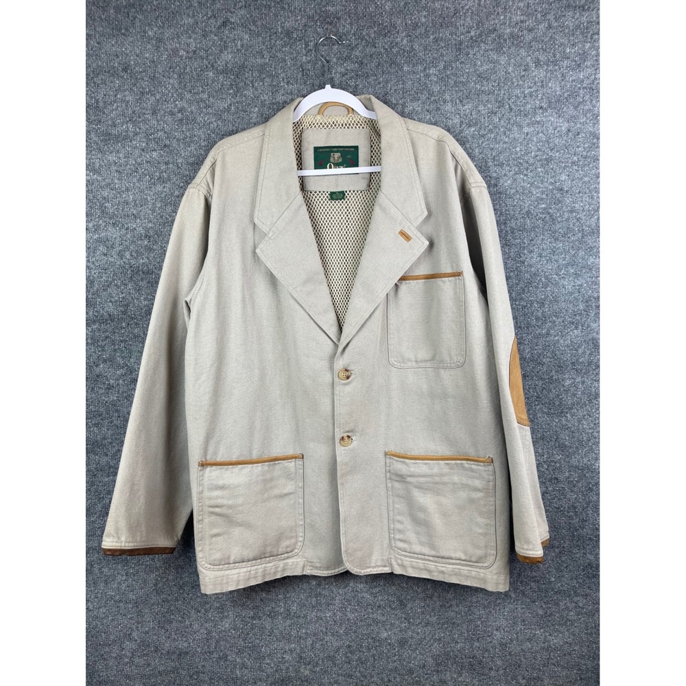 Orvis Safari Jacket Mens XL Beige Cotton Canvas Field Coat Leather Trim